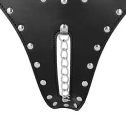 PU Leather Chastity Thong with Chain Detail - Black — thumbnail 12