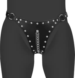 PU Leather Chastity Thong with Chain Detail - Black — thumbnail 1