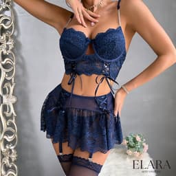 Elara - Alina - Luxe Lingerieset Dames - Lingerie Erotisch - Sexy Lingerie - 4-delige set - Blauw - Met Rokje 3837-L — thumbnail 4