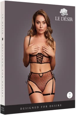 Two Piece Set with Underwired Open-Cup Bra and Panty with Laced Up Details - One Size - Black — thumbnail 7
