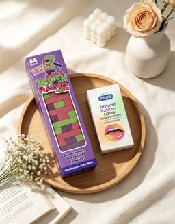 erotische spelletjes voor koppels –erotische bordspelen voor koppels – tower of pleasure 54 blokken + FiTONE condooms met ribbels 12 stuks–FiTONE Date Night Set — thumbnail 1