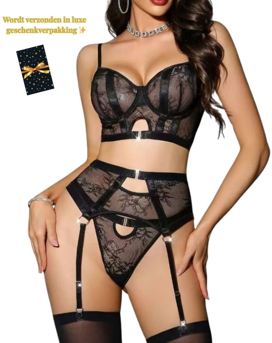 Luxe Lingerieset Dames – Lingerie Erotisch – Sexy Lingerie – 4-delige set – Kant – Lingerie Setje – Verleidelijke BH met Jarretels, Hoge Taille String & Kousen – Sexy Lingerie – Chique – Luxe –Boudoir Look – Kinky – Erotisch – Maat XS/S, M, L, XL — afbeelding 1