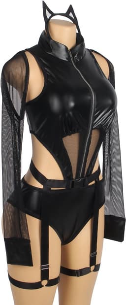 Latex Wetlook Bodysuit – Sexy 3-Delige Lingerieset Dames – Mesh Lingerie Erotisch – Zwarte Kinky Kitten – Rollenspel – Lingerie Erotisch – Inclusief Kattenoren – Leren PU Body – Leatherlook – Nachtkleding – BDSM – Clubwear – Wasteland – S, M, L, XL — thumbnail 14