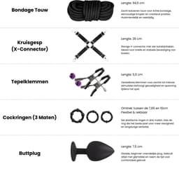 VIVIDIA Midnight Desire – Premium BDSM Bondage Set voor Koppels – Bondage Touw, Handboeien, Enkelboeien, Hogtie Straps, Tepelklemmen, Zweep, Kietelveer, Buttplug, Cockrings, Masker, Gag Ball & Halsband met Lijn – Sex Toys voor Mannen & Vrouwen — thumbnail 7