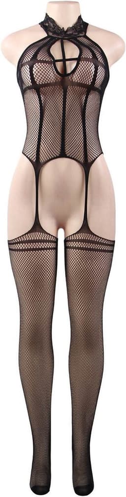 Sexy Lingerie - Erotische Catsuit met Open kruis en blote rug - Jarretel met Netkousen - Bodysuit - Bodystocking - Visnet - Sexy Teddy - Fishnet - Erotiek - Kleur Zwart - PLUS SIZE - Maat XS-M — thumbnail 18