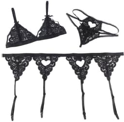 Sexy Lingerie - 3-delige Luxe Erotische Lingerie Set - BH in Kanten Cups met Strikjes - Jarretel en String met hartvorm - Erotiek - Valentijnsdag - kleur Zwart - Plus size - Maat 3XL-4XL — thumbnail 9