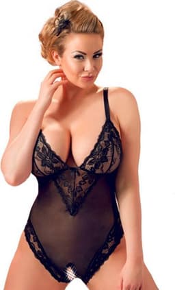 Cottelli Plus Size – Sexy Body met Open Kruis en Kanten Motieven Langs Randen voor Speciale Dates – Maat XL – Zwart — thumbnail 9