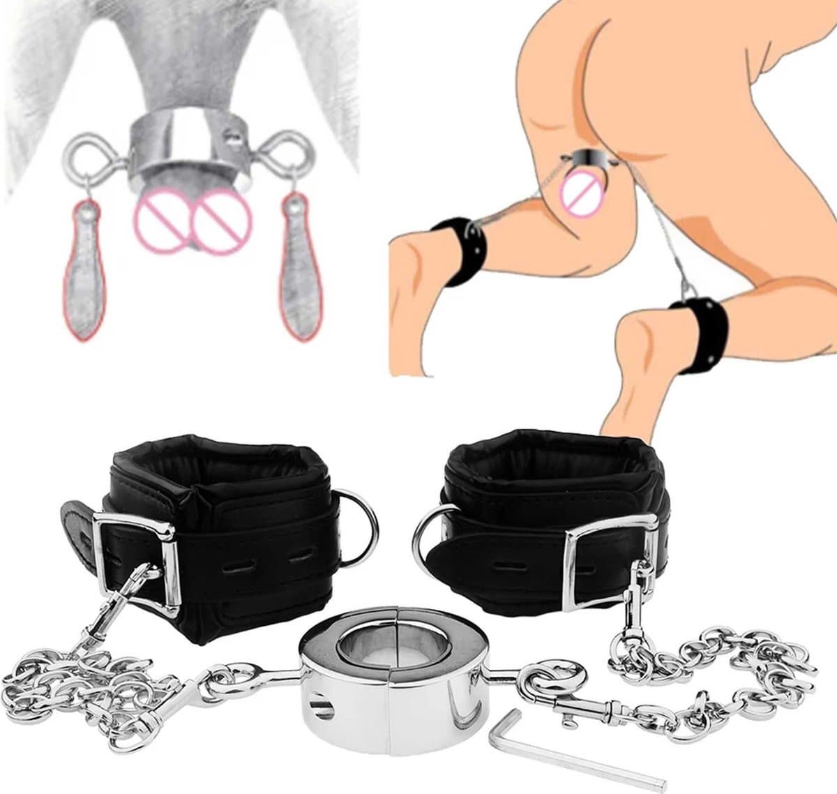Luxe enkelboeien met ketting en ballen crusher - Lederen Enkelmanchetten - RVS Ketting - Metalen scrotum hanger - Bondage - Scrotum uitrekken - BDSM dominantie - Voor hem - Verstelbaar en One size — afbeelding 1