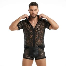 Erotische Herenblouse Zwart - Transparant Kanten Overhemd voor Heren - Sexy Clubwear voor Mannen - Maat XXL — thumbnail 1
