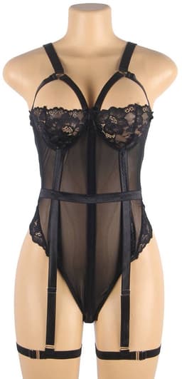 Sexy Lingerie - Luxe Erotische Body met kant - Half open cups - Strapless - Harnas - Shapewear - Jarretelbanden - Bondage look- Strappy Harness – Lingerie Top Teddy - Erotiek - Uitdagend - PLUS SIZE - Kleur Zwart - Maat XL-XXL — thumbnail 10