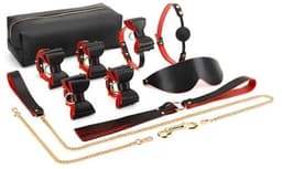 BDSM Luxe Etui - Luxe Leren Reistas - 8-delige set - kinky - rood/zwart bdsm - Handboeien - Enkelboeien - ball gag - zweep - Blinddoek — thumbnail 1