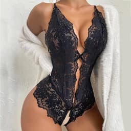 Erotische Body I Lingerie Body Kostuum I Sexy Erotisch Ondergoed I Open Kruis I Gebloemde Kant Patroon I Maat L Zwart — thumbnail 3