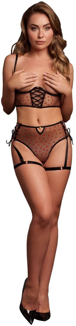 Two Piece Set with Underwired Open-Cup Bra and Panty with Laced Up Details - Plus Size - Black — thumbnail 9