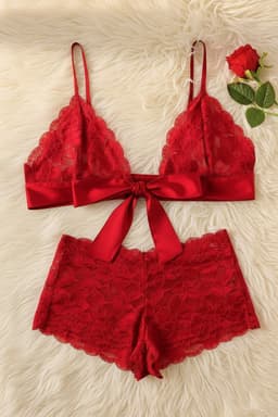 La Nuita Rode Kanten Bh Set Dames - Bralette met Grote Satijnen Strik en Korte Slip - Tweedelige Lingerie Set (S t/m XL) — thumbnail 3