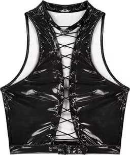 Erotische top open hollow out - PU Leder BDSM - Latex Wetlook kleren - Open borst met veters - Halsband sluiting - Sexy vrouwen kleding - RedParrot — thumbnail 3