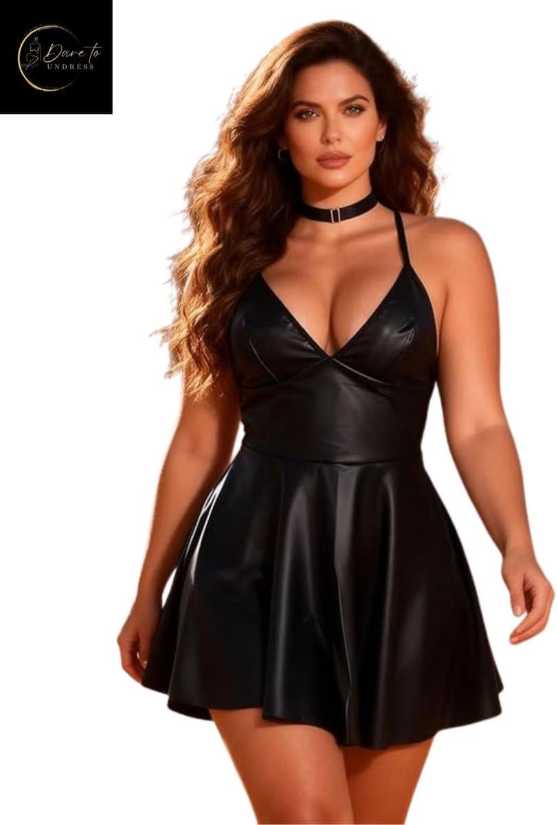 Latex Wetlook Sexy Jurkje – Lingerie Erotisch – Zwart – Lingerie Setje – Luxe Lingerieset – Leren PU Lingerie Jurkje – Leatherlook – Verleidelijk & Mysterieus – Inclusief Chocker – Kinky – BDSM – Festival Outfit – Clubwear – Wasteland – S, M, L, XL — afbeelding 1