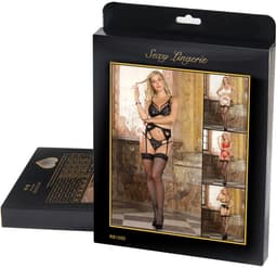Sexy Lingerie - 3-delige Luxe Erotische Lingerie Set - BH in Kanten Cups met Strikjes - Jarretel en String met hartvorm - Erotiek - Valentijnsdag - kleur Zwart - Maat XL-2XL — thumbnail 5