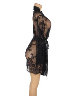 Zeloria Kanten Kimono Set met String – Transparante Sexy Nachtmode – Zwart – XL/XXL — thumbnail 12