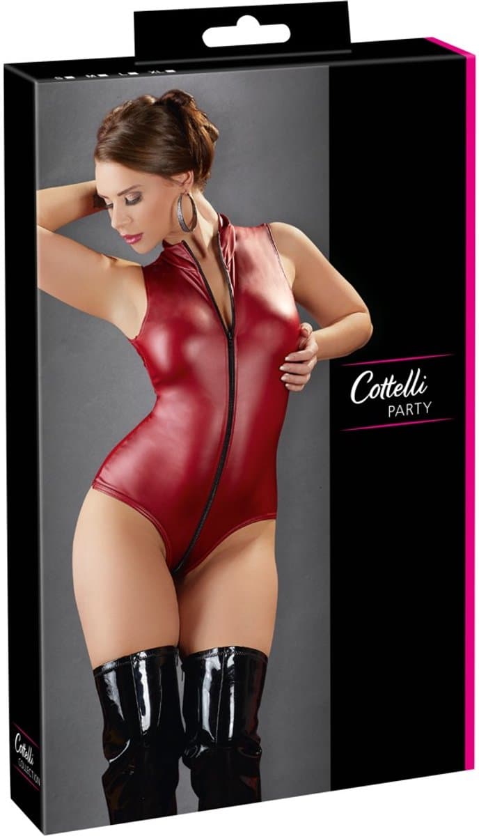 Cottelli Collection –  Wetlook Body met Tweeweg Rits van Hals tot Kruis – Maat L – Rood — afbeelding 1