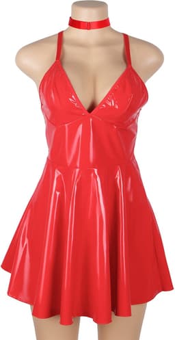 Latex Wetlook Sexy Jurkje – Lingerie Erotisch – Rood – Lingerie Setje – Luxe Lingerieset – Leren PU Lingerie Jurkje – Leatherlook – Verleidelijk & Mysterieus – Inclusief Chocker – Kinky – BDSM – Festival Outfit – Clubwear – Wasteland – S, M, L, XL — thumbnail 7