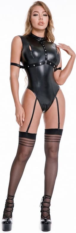 Leatherlook Teddy Open Crotch Matching Stocking - Spannend voor koppels - Sexy lingerie - Erotische setje - Sex speeltjes - Sex toys - Domina - Erotiek - Bondage - Kunstleer - Meesteres - Sexspelletjes voor mannen en vrouwen – Seksspeeltjes - SM — thumbnail 1