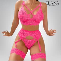 Elana Sorina – Luxe Kant Lingerie Set met Bh, String & Jarretels – Verleidelijke Dames Lingerie – S – Roze — thumbnail 3