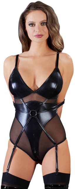 Cottelli Collection – Bondage Jarretel Body Wetlook met Elleboog Riemen en Tepel Sluiting – Maat S – Zwart — thumbnail 5
