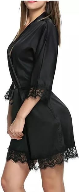 Sexy dames kimono - Zwart - Kant - Avondjas - Maat S/M - Satijnen badjas - — thumbnail 2