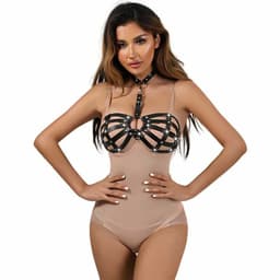 Leren Bondage BH met Halsband - BDSM & Erotische Feesten Lingerie - Zwarte Cage Bra - Sexy Harnas Dames - One Size — thumbnail 4