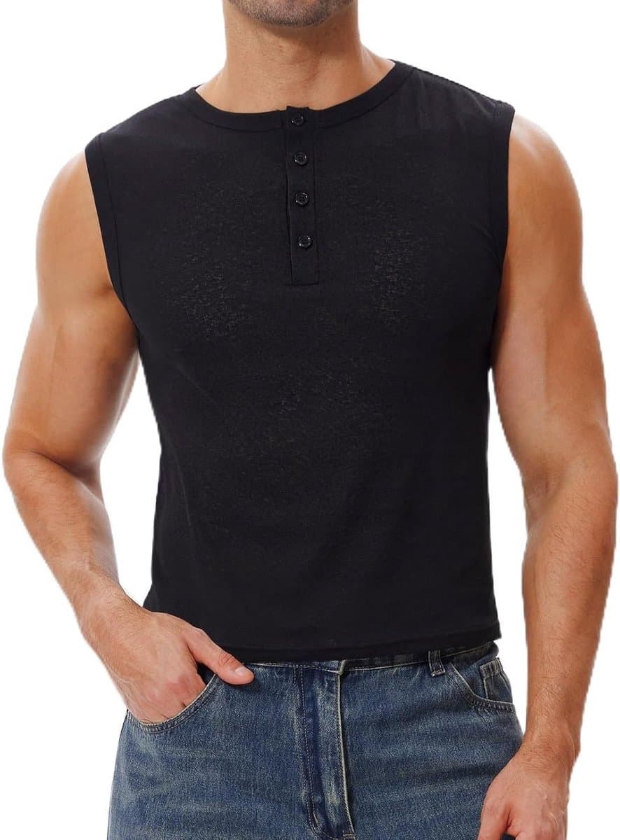 Mouwloos Henley shirt voor heren, kort en doorzichtig, ideaal voor festivals, feesten en raves, boxy fit spiershirt — afbeelding 1