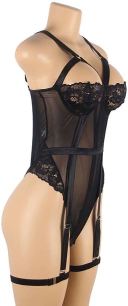 Sexy Lingerie - Luxe Erotische Body met kant - Half open cups - Strapless - Harnas - Shapewear - Jarretelbanden - Bondage look- Strappy Harness – Lingerie Top Teddy - Erotiek - Uitdagend - PLUS SIZE - Kleur Zwart - Maat XL-XXL — thumbnail 11