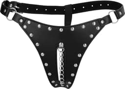 PU Leather Chastity Thong with Chain Detail - Black — thumbnail 6