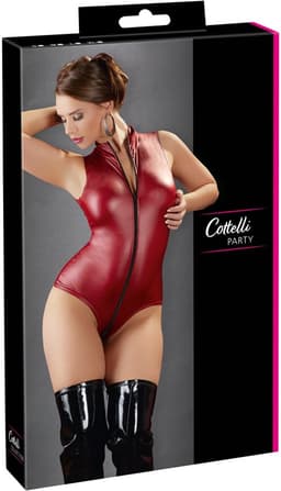 Cottelli Collection –  Wetlook Body met Tweeweg Rits van Hals tot Kruis – Maat M – Rood — thumbnail 1