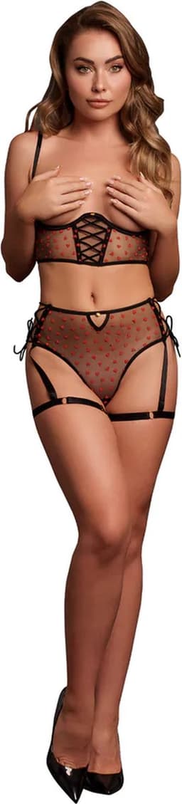 Two Piece Set with Underwired Open-Cup Bra and Panty with Laced Up Details - One Size - Black — thumbnail 1