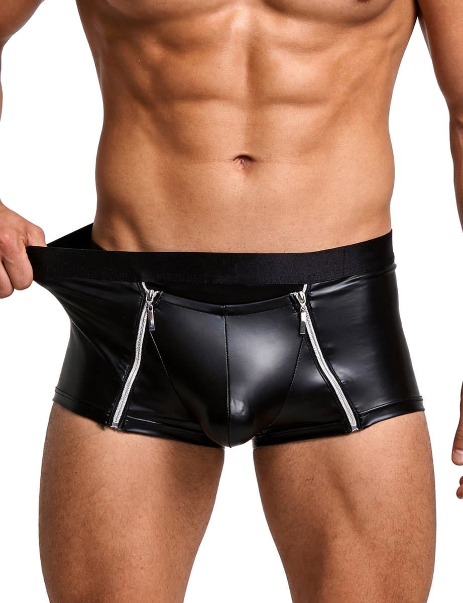 Sexy Heren Boxer Lederlook met Dubbele Rits - PU Wetlook Open Kruis Boxershort Mannen - Fetish & Clubwear - Maat M — afbeelding 1