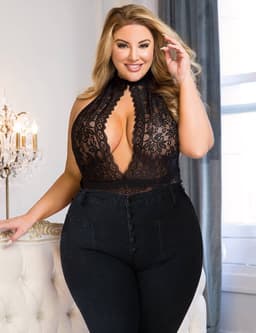 Sexy Lingerie - Erotische Zwarte Glamour Halter body van Kant met open rug - Sexy Teddy - Kanten Body - Open Cups - Erotiek - Valentijnsdag - kleur Zwart - Plus Size - Maat XS-S — thumbnail 18
