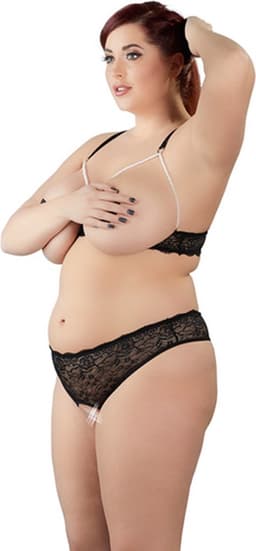 Cottelli Plus Size –  Lingerie Set van Kant Open Kruis en Borsten met Parelbanden – Maat 2XL – Zwart — thumbnail 3