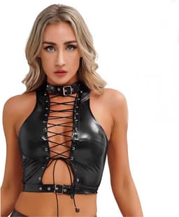 Erotische top open hollow out - PU Leder BDSM - Latex Wetlook kleren - Open borst met veters - Halsband sluiting - Sexy vrouwen kleding - RedParrot — thumbnail 1