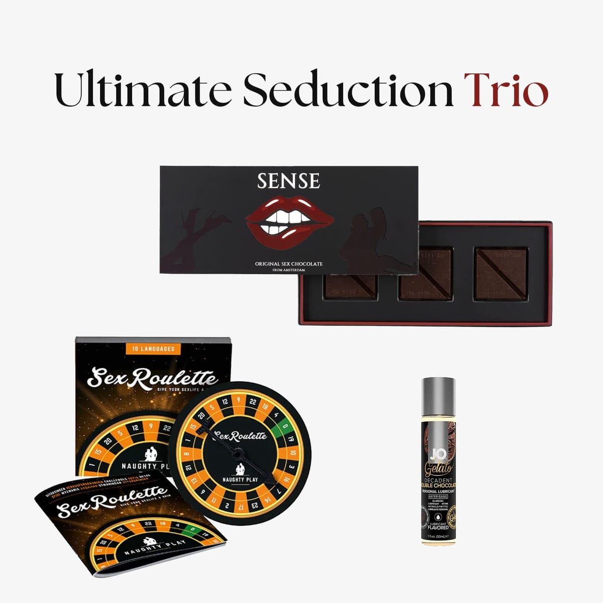 Ultimate Seduction Trio - Sense Chocolate + Sex Roulette + glijmiddel combideal - Erotisch bordspel - Libido verhogend - erotische booster - lustopwekker - libido verhogende chocolade - Sense chocolade - sense chocolate sex - 6 stuks — afbeelding 1