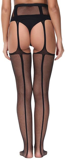 JustValue Hoge Kousen met Jarratelgordel - Netpanty Dames - Netkousen Erotiek - Visnet Panty - Lingerie Vrouwen - Zwart — thumbnail 2