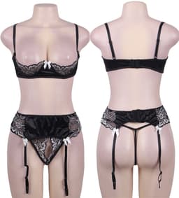 3-delige Sexy Lingerieset – Open Cups & Open Kruis – Maat M/L – Erotisch Jarretels Dames – BDSM Lingerie & Erotiek — thumbnail 2