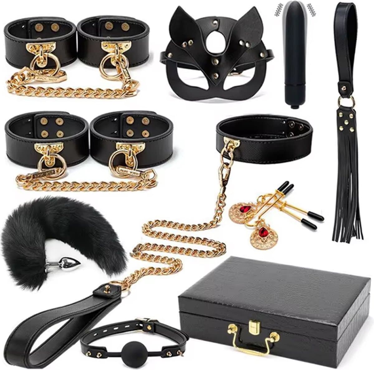 Complete BDSM Bondage set inclusief bijpassende koffer - 10-delig - 100% Echt Leer - Boeien - Zweep - Gag - Klemmen - Masker - Halsband - Vibrator - Plug — afbeelding 1