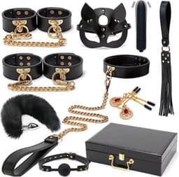 Complete BDSM Bondage set inclusief bijpassende koffer - 10-delig - 100% Echt Leer - Boeien - Zweep - Gag - Klemmen - Masker - Halsband - Vibrator - Plug — thumbnail 1
