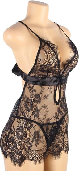 Sexy Lingerie - Erotische Kanten Babydoll met Satijnen Strik op achterkant met bijpassende Kanten String - Sexy Teddy - Neglige - Erotiek - kleur Zwart - Maat XL-2XL — thumbnail 19
