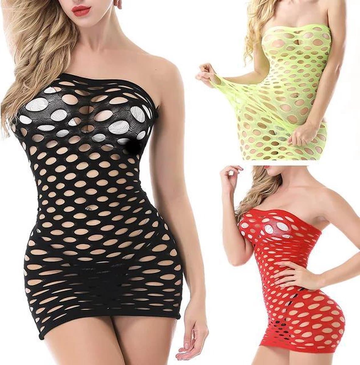 LOUZIR Sexy Gaatjes Rok | Sexy Gaatjes Jurk | Sexy Nachtjurkje Met Gaatjes | Elastisch off-shoulder jurkje met grote gaten | zwart — afbeelding 1