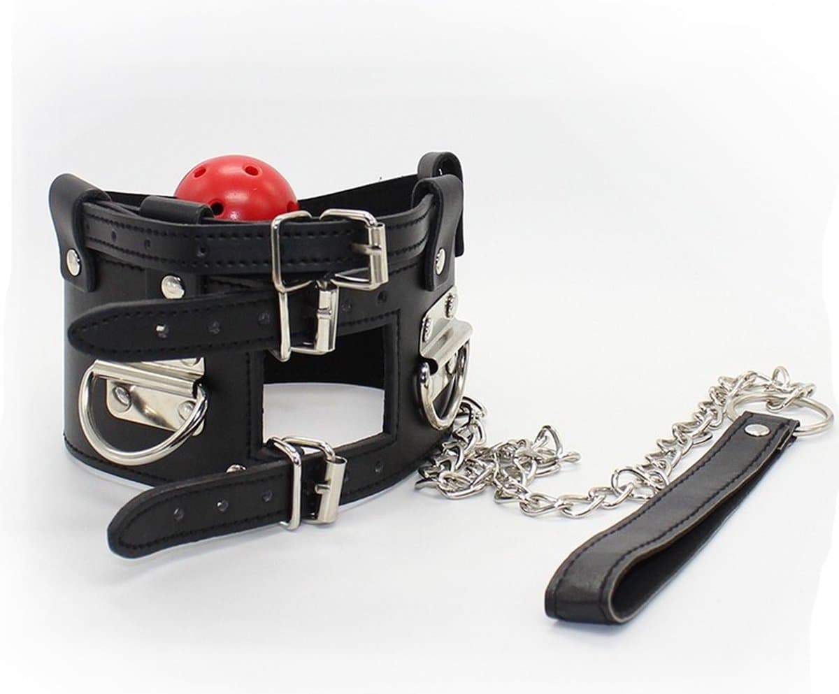 Nooitmeersaai - Zwarte halsband met rode ball gag en riem — afbeelding 1