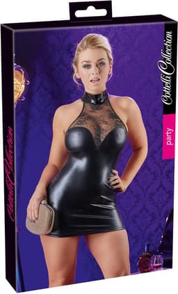 Cottelli Collection – Wetlook Mini Jurk met Kanten Bovenstuk en Knoop Hals voor een Sensuele Mix van Spanning en Comfort – Maat L – Zwart — thumbnail 5