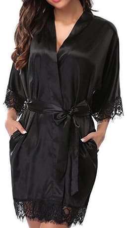 Sexy dames kimono - Maat XL - Zwart - Kant - Avondjas - Satijnen badjas - Zwart - LOUZIR — thumbnail 1