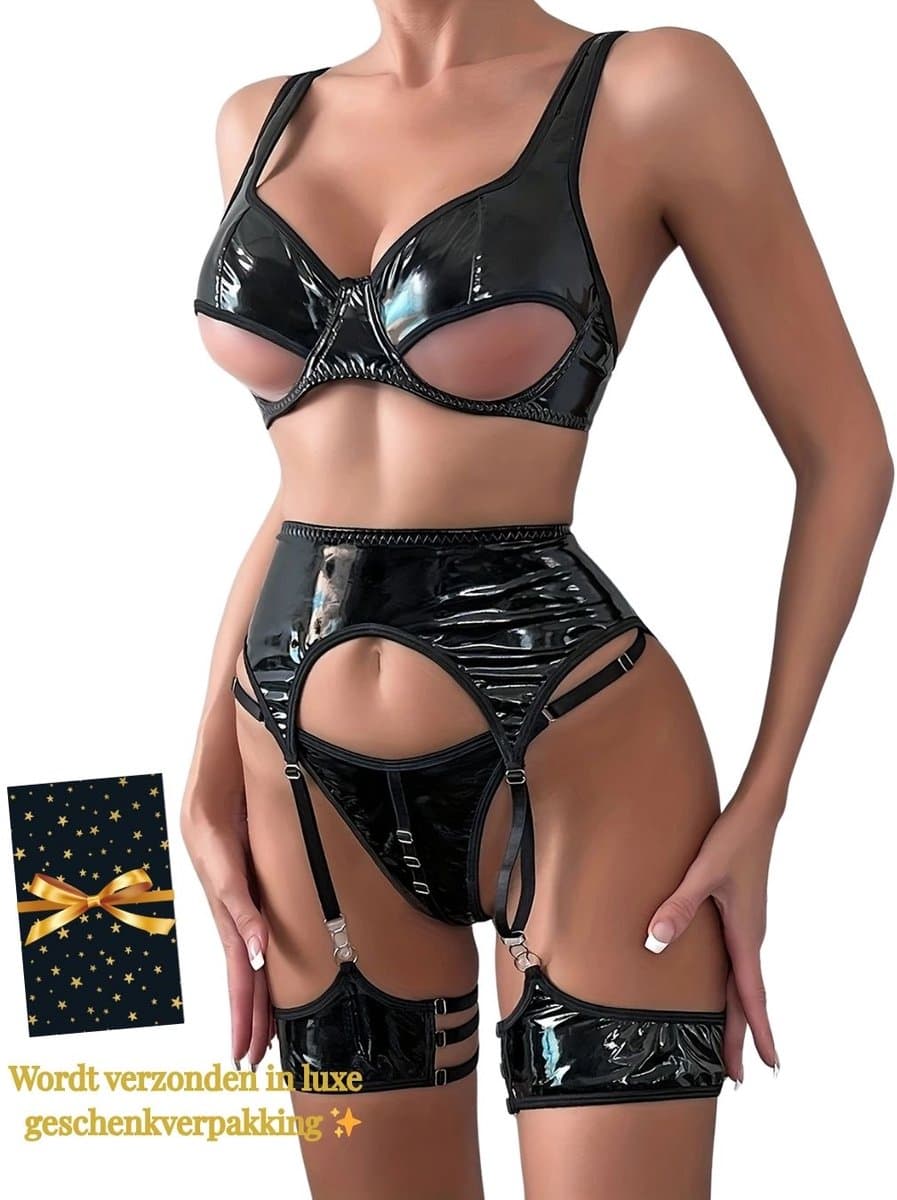 Kinky Lingerie Set Dames – Zwart Lak Lingeriesetje met Jarretels – Sexy PU Wetlook Lingerie – BDSM – Open Cup BH & Hoge Taille Slip – Kinky – Clubwear – Fetish – Erotische Lingerie – Maat XS/S, M, L — afbeelding 1
