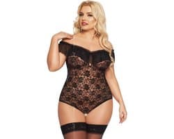 Softline - Kamila - Dames Lingerie Plus Size - Kanten Jurkje - Super Strakke Doorschijnende Chemise - Sexy Kanten Lingerie Set met Bloemen - Grote Maat - Uitdagende Bodystocking - Erotisch Setje - Zwart - XL